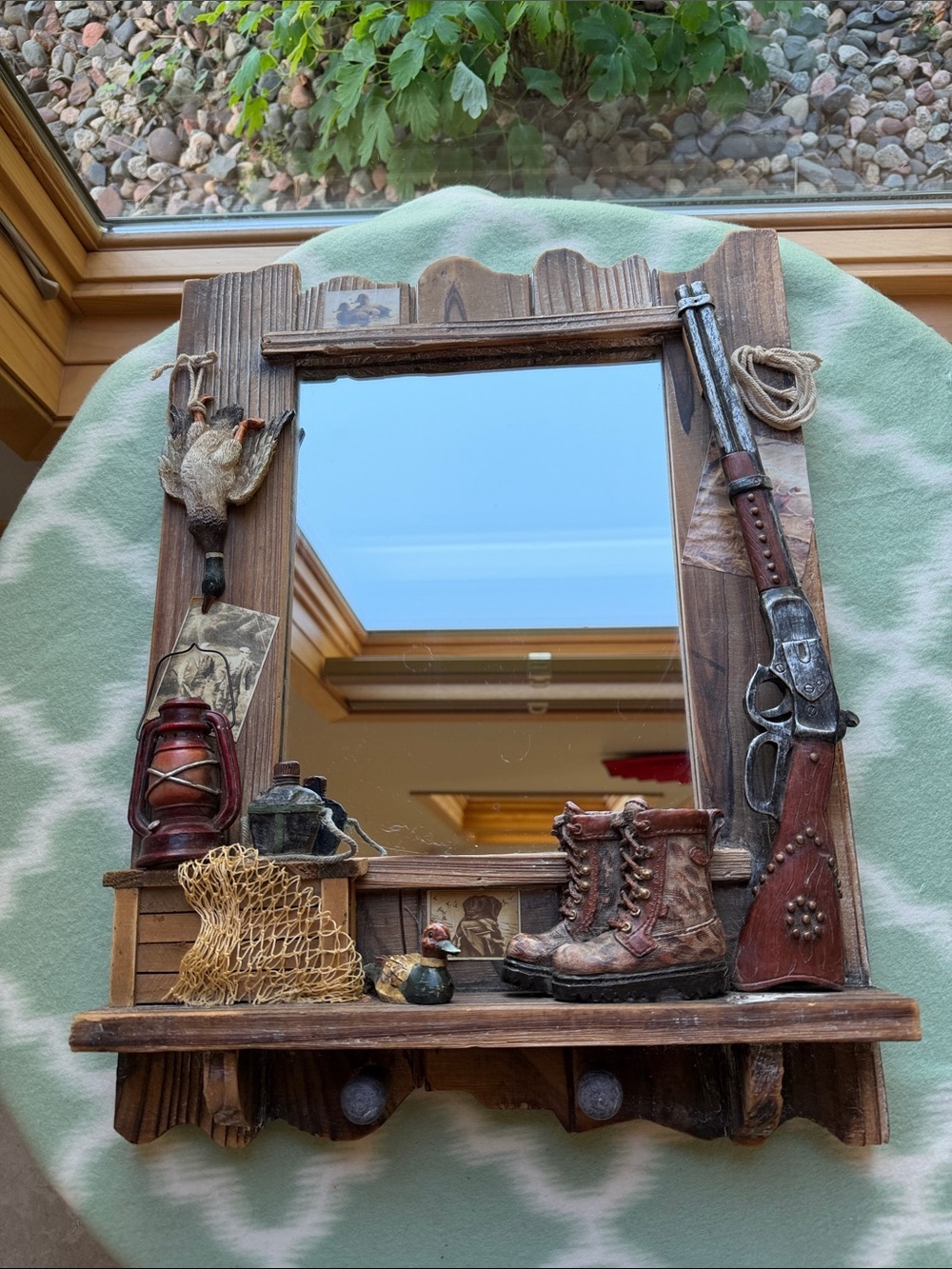 Rustic Brown Western Boot, Hunting & Rifle Wooden Frame Wall Mirror -Rivers Edge